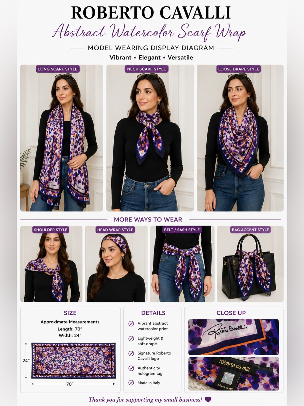 Roberto Cavalli Silk Abstract Watercolor Scarf Shawl Wrap Purple Blue 70x24
